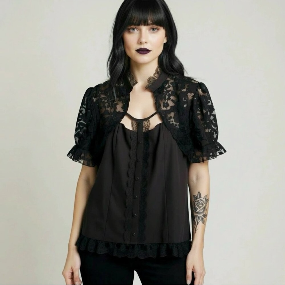 Scarlet Darkness Gothic Steampunk New Black Lace Whimsigoth Shirt Top Size XL
